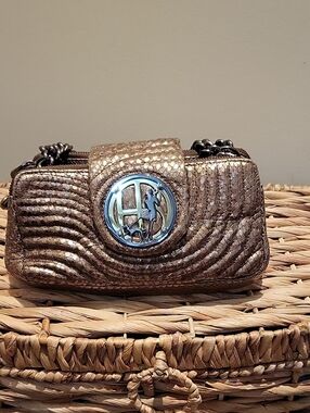 henri bendel No. 7 Quilted  Metallic Taupe Textured Clutch with Logo Medallion